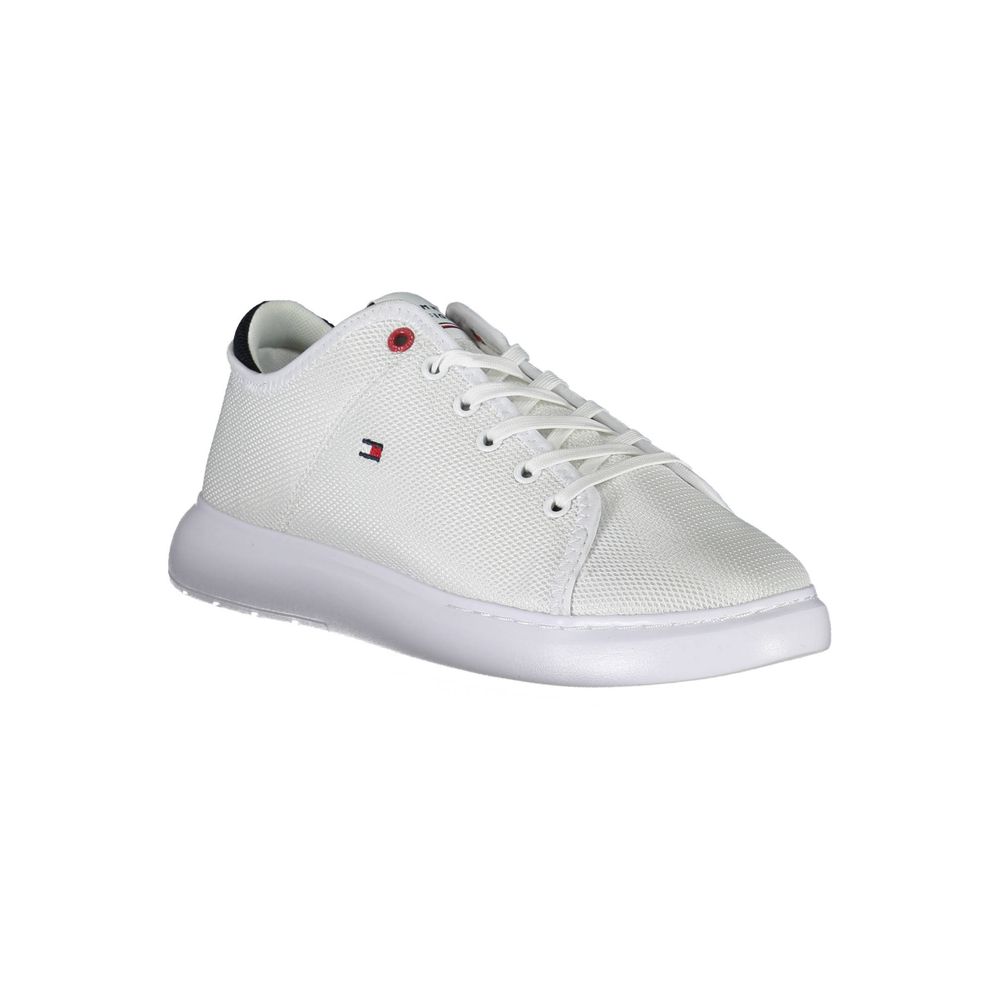 Tommy Hilfiger White Polyester Sneaker with laces, contrasting details, logo, and 95% recycled polyester material displayed.
