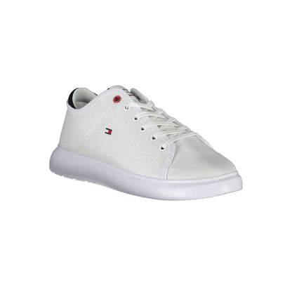 Tommy Hilfiger White Polyester Sneaker with laces, contrasting details, logo, and 95% recycled polyester material displayed.