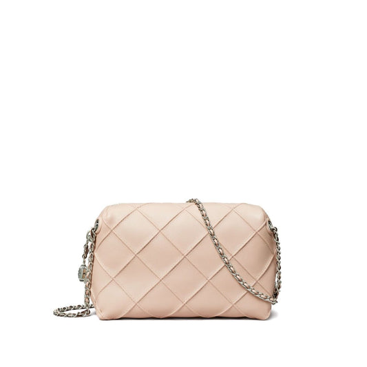 Tory Burch Fleming leather crossbody bag in light pink with diamond quilted design and adjustable chain strap. Size: 6cm x 11.5cm x 18cm.