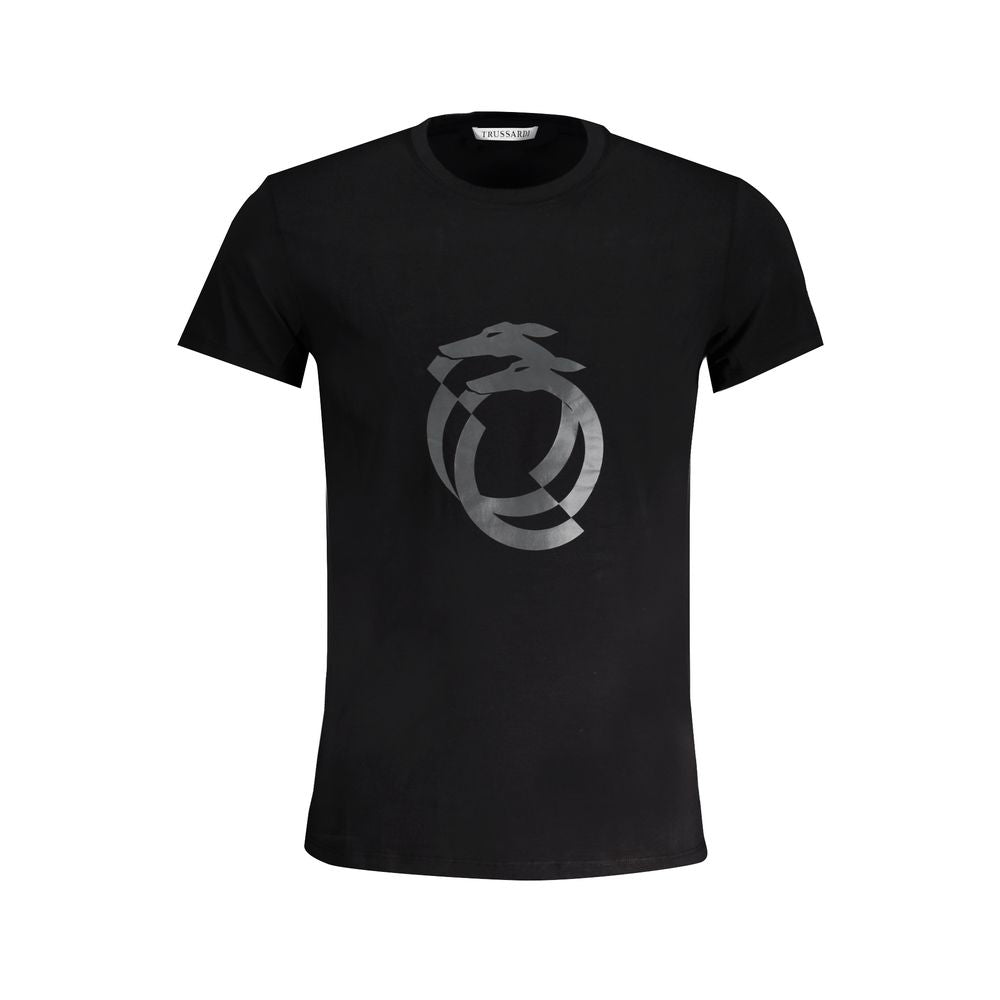 Trussardi Black Cotton T-Shirt with short sleeves and crew neck. Features a stylish logo print on front. Perfect for casual wear.