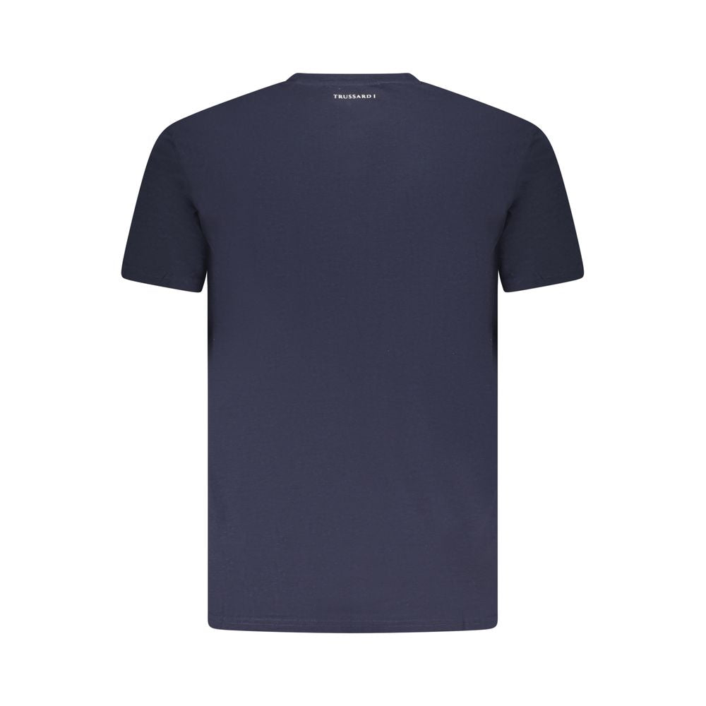 Back view of Trussardi Blue Cotton Men T-Shirt with logo, showcasing trendy short sleeves and classic crew neck design.