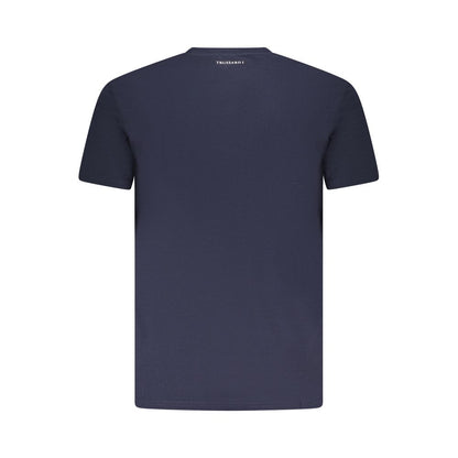 Back view of Trussardi Blue Cotton Men T-Shirt with logo, showcasing trendy short sleeves and classic crew neck design.