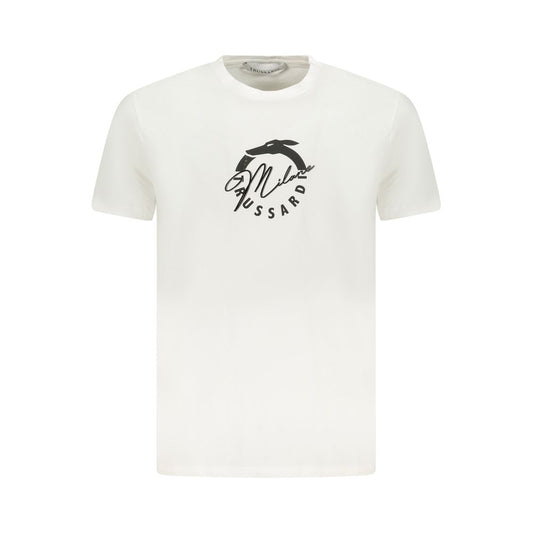 Trussardi White Cotton Men T-Shirt with iconic logo print on front, showcasing elegant style and soft cotton fabric for casual wear.