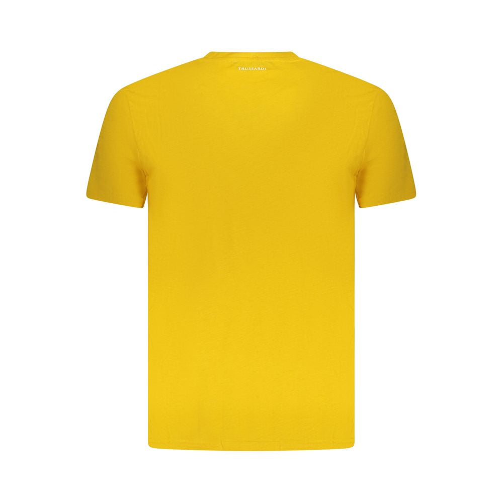 Trussardi Yellow Cotton Men T-Shirt with short sleeves, featuring a bold print and iconic logo on vibrant sunshine-yellow fabric.