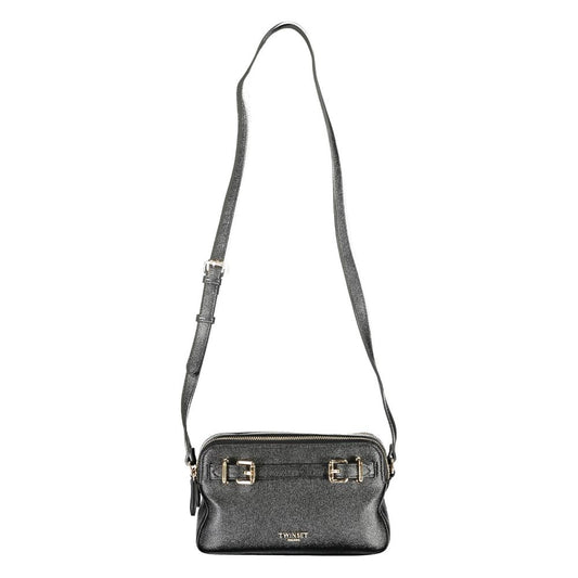 Twinset Black Polyethylene Women Handbag with adjustable shoulder strap, featuring two compartments and internal card pocket, chic camera bag design.