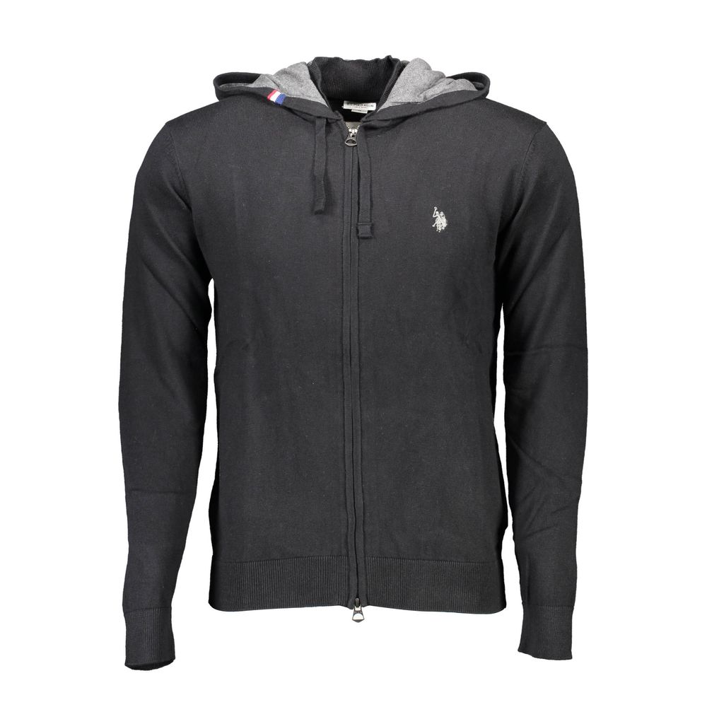 U.S. POLO ASSN. Black Cotton Mens Cardigan with hood and zip closure, featuring logo embroidery.