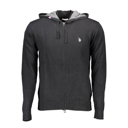 U.S. POLO ASSN. Black Cotton Mens Cardigan with hood and zip closure, featuring logo embroidery.