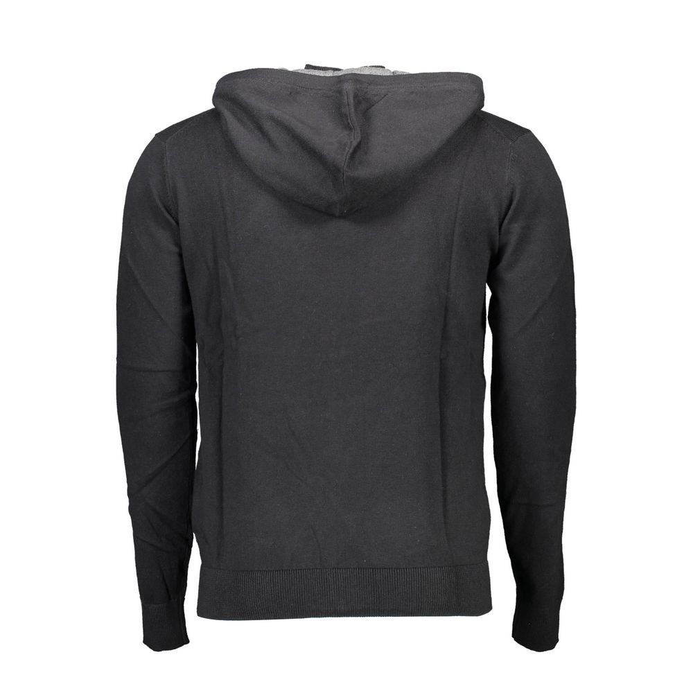 U.S. POLO ASSN. Black Cotton Mens Cardigan with hood, long sleeves, zip closure, and iconic embroidery, back view.