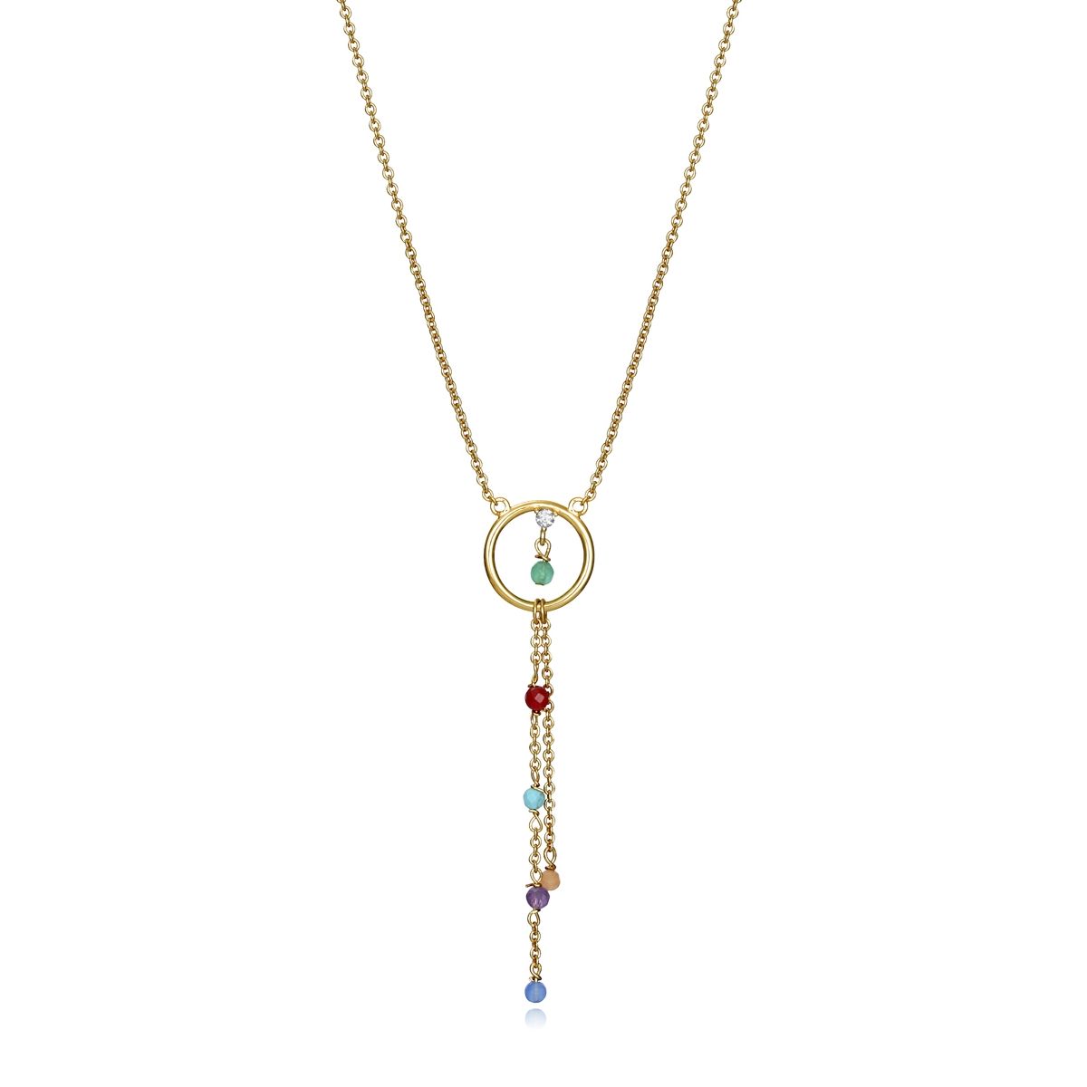Colorful gemstone gold pendant necklace with a circular frame and long beaded chain, perfect for elegant occasions.