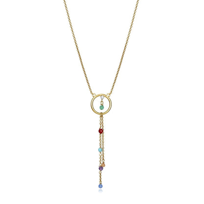 Colorful gemstone gold pendant necklace with a circular frame and long beaded chain, perfect for elegant occasions.