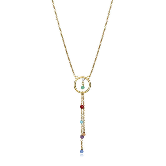 Colorful gemstone gold pendant necklace with a circular frame and long beaded chain, perfect for elegant occasions.
