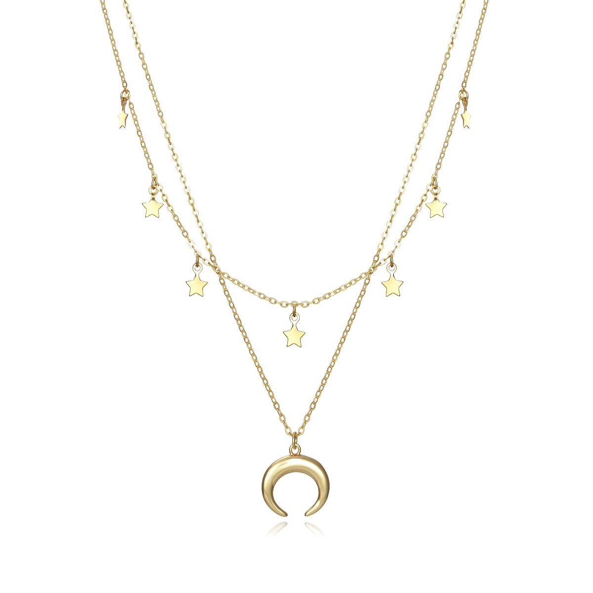 Gold layered necklace with star and crescent moon charms displayed on white background.