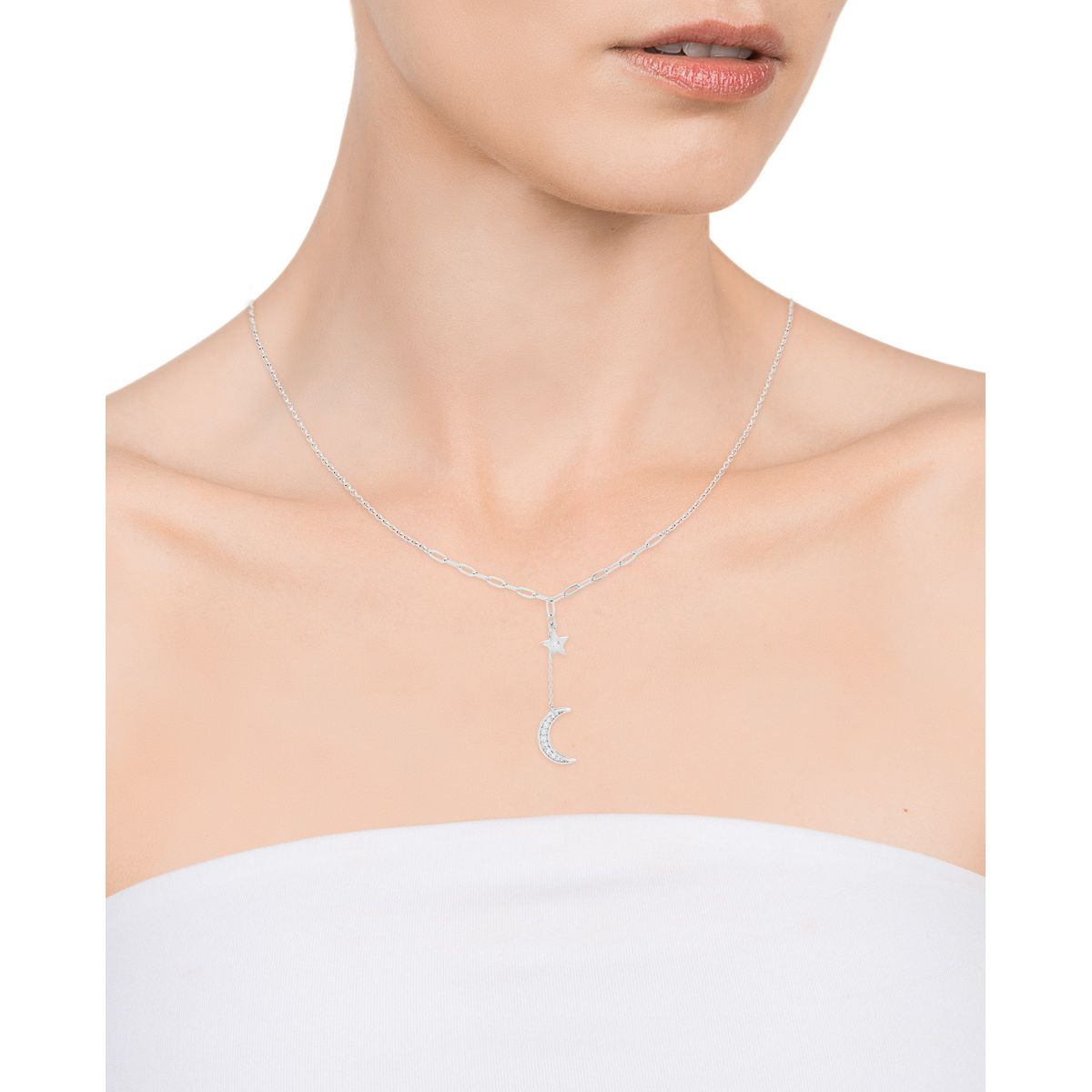 A lady wearing a VICEROY JEWELS Mod. 13036C000-30 silver necklace with moon and star design, featuring quartz analog movement and official packaging.