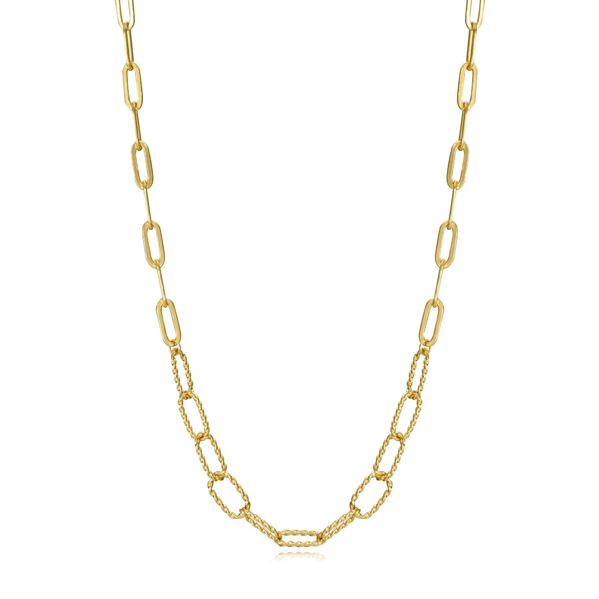 Gold chain necklace featuring elongated links on a white background.