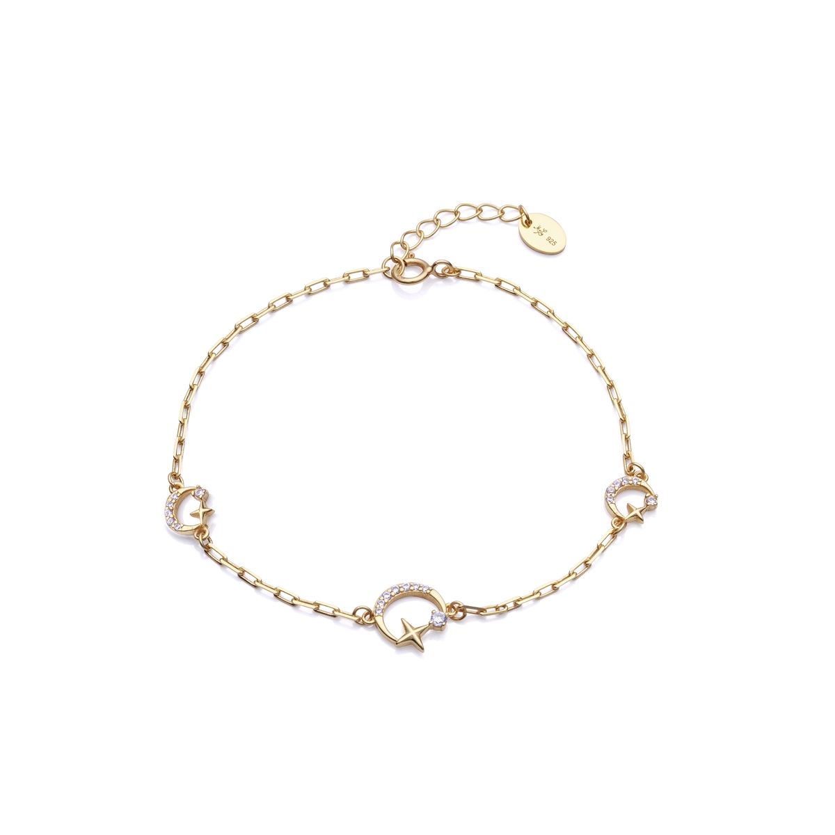 Gold bracelet with star charms, delicate design, perfect for elegant fashion.