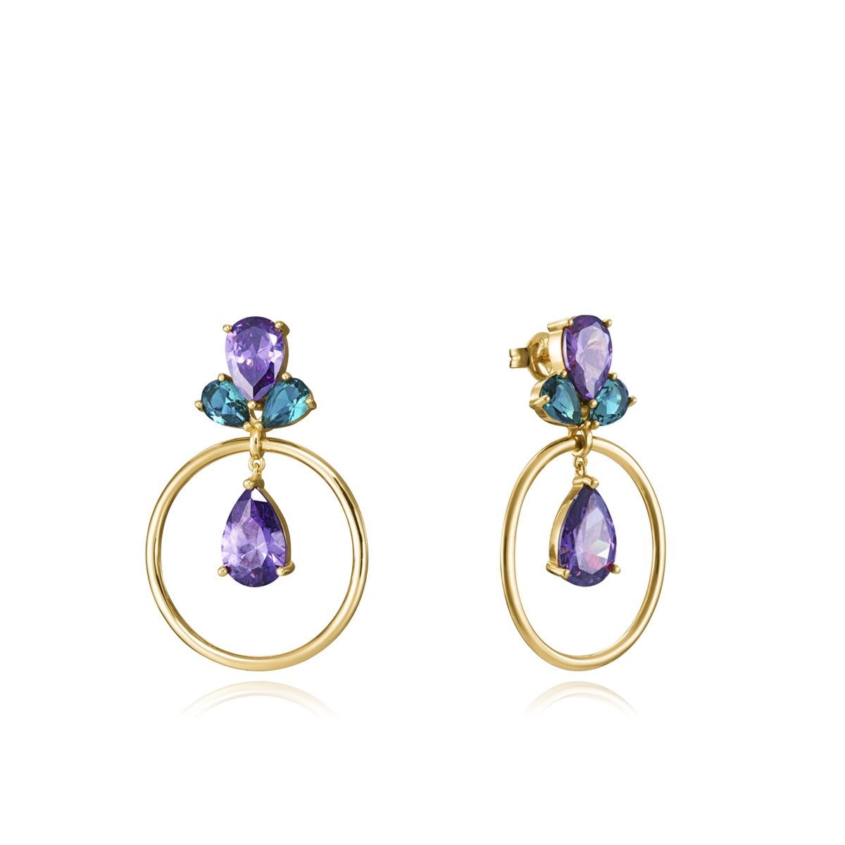 Elegant gold and purple gemstone earrings with round loops showcasing luxury jewelry.