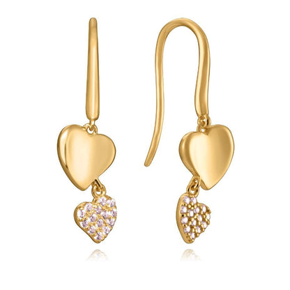Gold heart-shaped drop earrings with crystal embellishments, perfect for elegant occasions and fashion jewelry lovers.