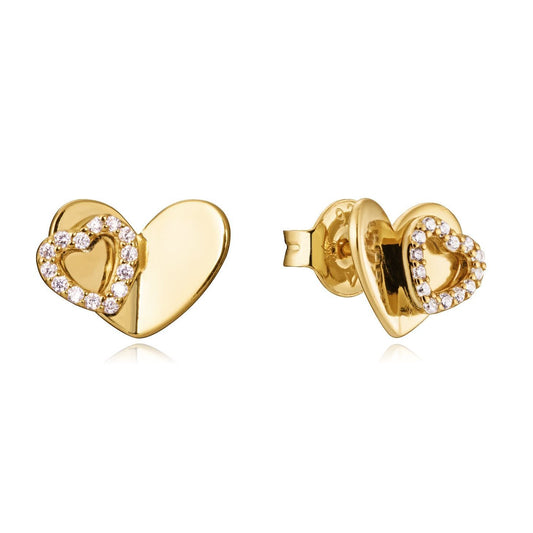 Gold heart-shaped earrings with embedded stones for ladies. Elegant jewelry accessory.