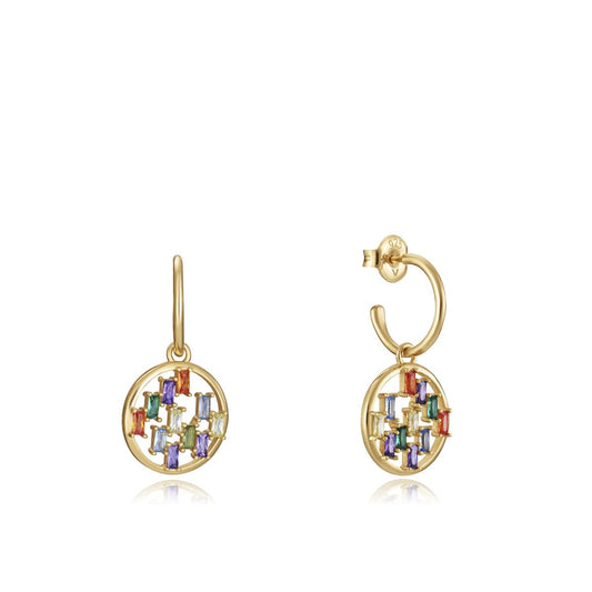Colorful gemstone earrings with a gold finish featuring circular design, perfect for elegant occasions and stylish looks.