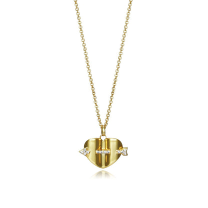 Gold heart-shaped necklace with diamond details and chain on white background.