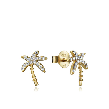 Palm tree design gold stud earrings with diamonds, vibrant and stylish accessory.