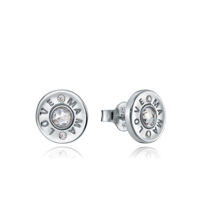 Silver earrings engraved with 'Love Mama' featuring crystal accents.
