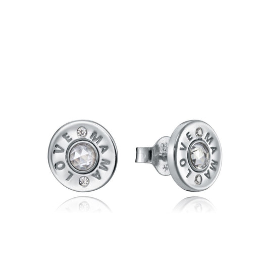 Silver earrings engraved with 'Love Mama' featuring crystal accents.