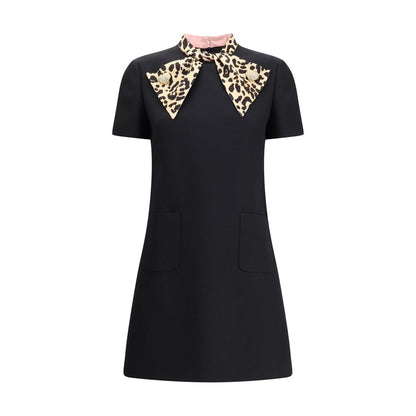 Alt Tag: Valentino Black Fleece Wool Casual Dress with animal bow and jeweled buttons, featuring a heart-shaped design for a bold touch.