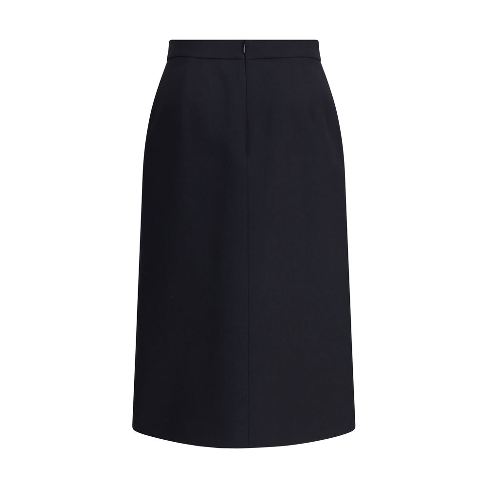 Valentino Black Fleece Wool Midi Skirt featuring back zipper, leather belt, and front slit for an elegant and versatile look.