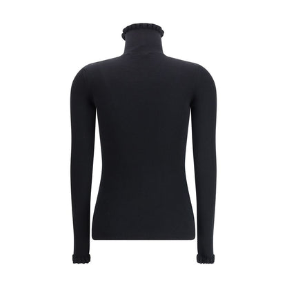 Back view of Valentino Black Fleece Wool Sweatshirt with ruffled collar and cuffs, featuring embroidered logo for an elegant touch.