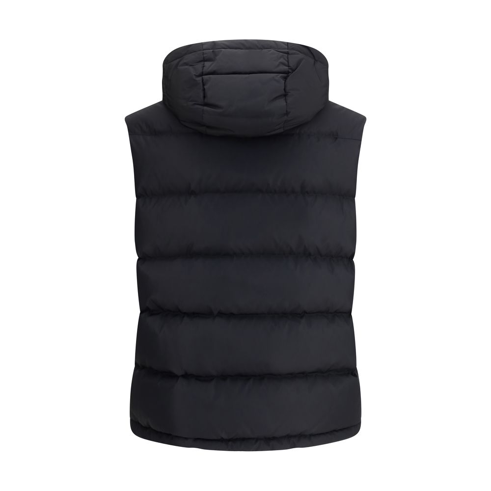 Back view of Valentino Black Goose Down Sleeveless Jacket with removable hood and quilted design.