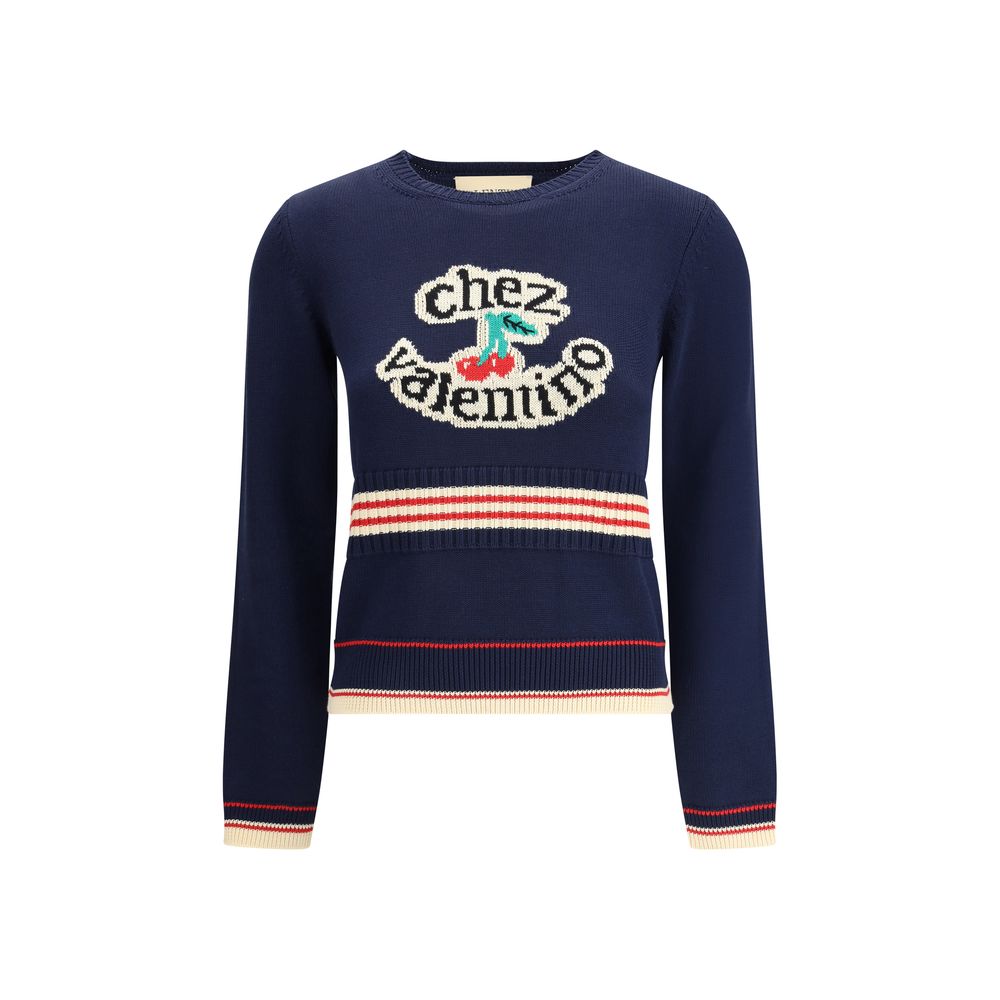 Valentino Blue Cotton Sweatshirt with Cherryfic embroidery on chest, ribbed cuffs and hem, regular fit for AW25 collection.