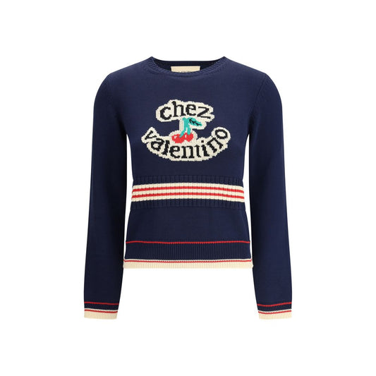 Valentino Blue Cotton Sweatshirt with Cherryfic embroidery on chest, ribbed cuffs and hem, regular fit for AW25 collection.