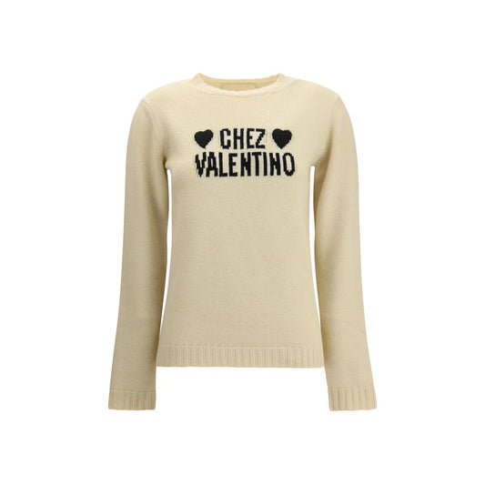 Valentino Cream Fleece Wool Sweatshirt with embroidered hearts, stylish wool sweater for elegant autumn winter fashion.