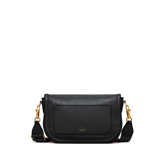 Valentino Garavani Alltime Grainy Calfskin Shoulder Bag in black with VLogo, foldover top, detachable straps, and internal pocket.