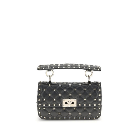 Valentino Garavani Black Calf Leather Bos Taurus Handbag with Rockstud detailing and studded shoulder strap, front view.