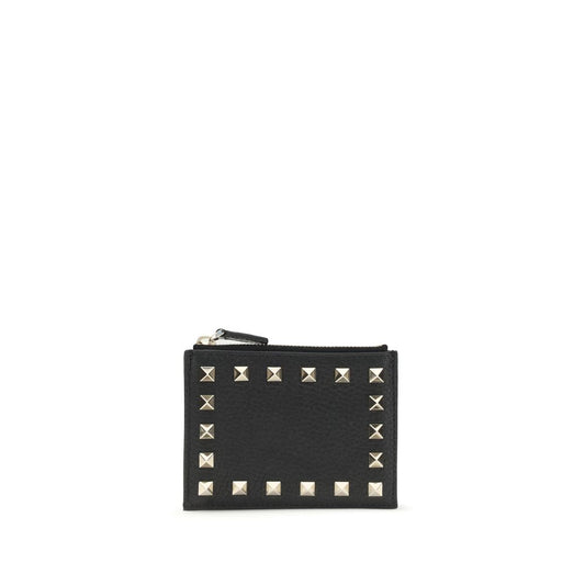 Valentino Garavani Black Calf Leather Bos Taurus Wallet with studs and zippered coin compartment, stylish accessory for everyday use.