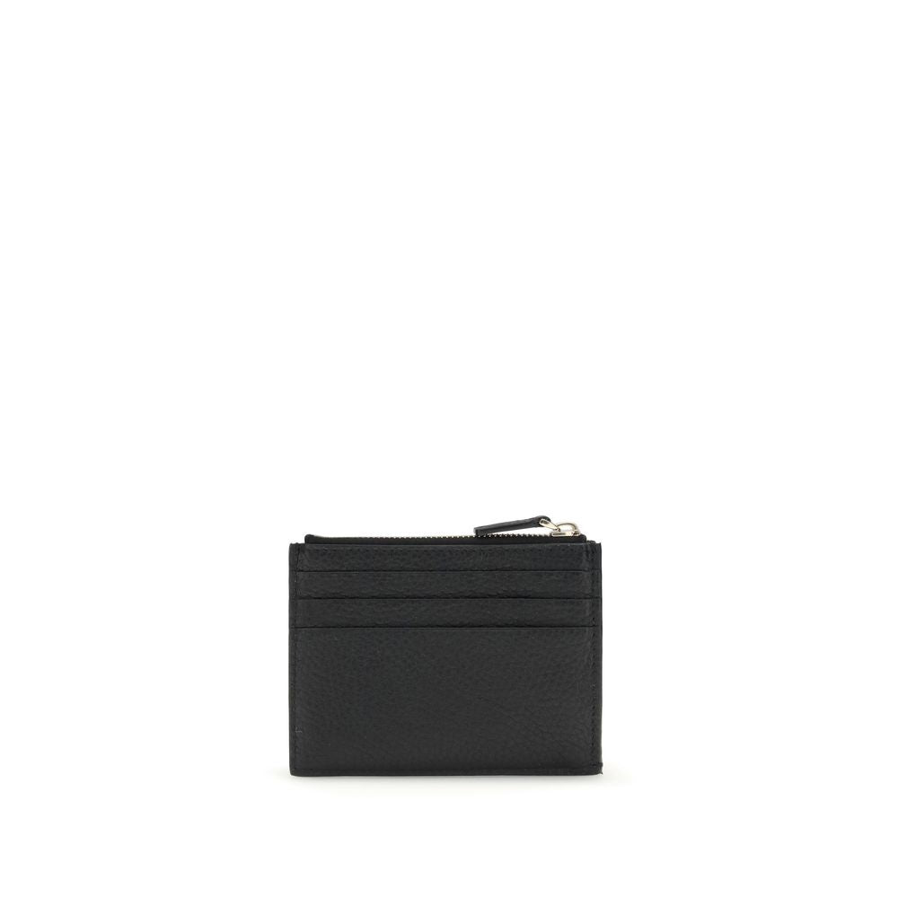 Valentino Garavani Black Calf Leather Bos Taurus Wallet with Rockstud details, featuring card slots and zippered coin compartment.