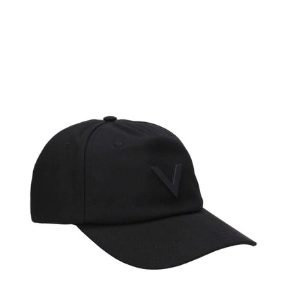 Valentino Garavani Black Cotton Cap (Baseball Hat) with front logo and adjustable buckle closure, made of 98% cotton and 2% elastane.
