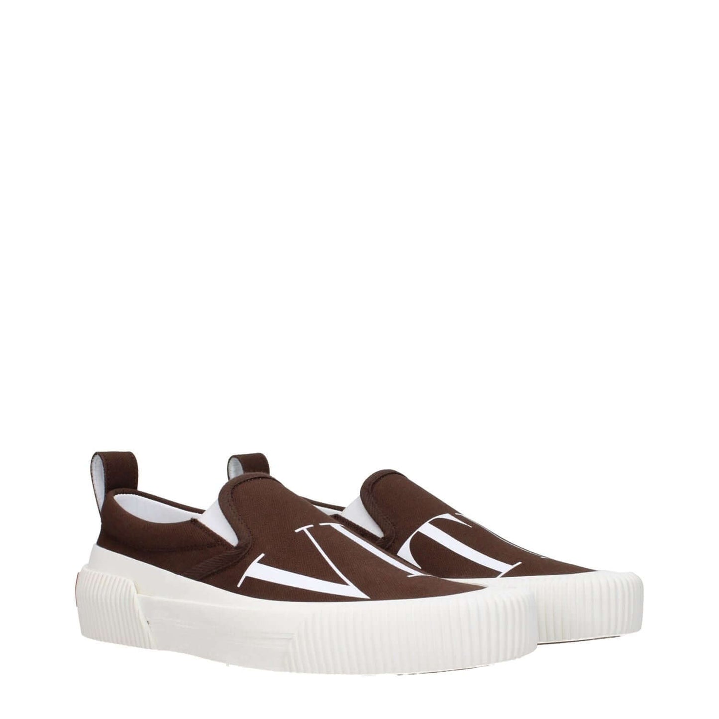 Valentino Garavani Brown Fabric Slip-On Loafers with logos, round toe, and rubber sole. Casual style, low flat heel with white accents.