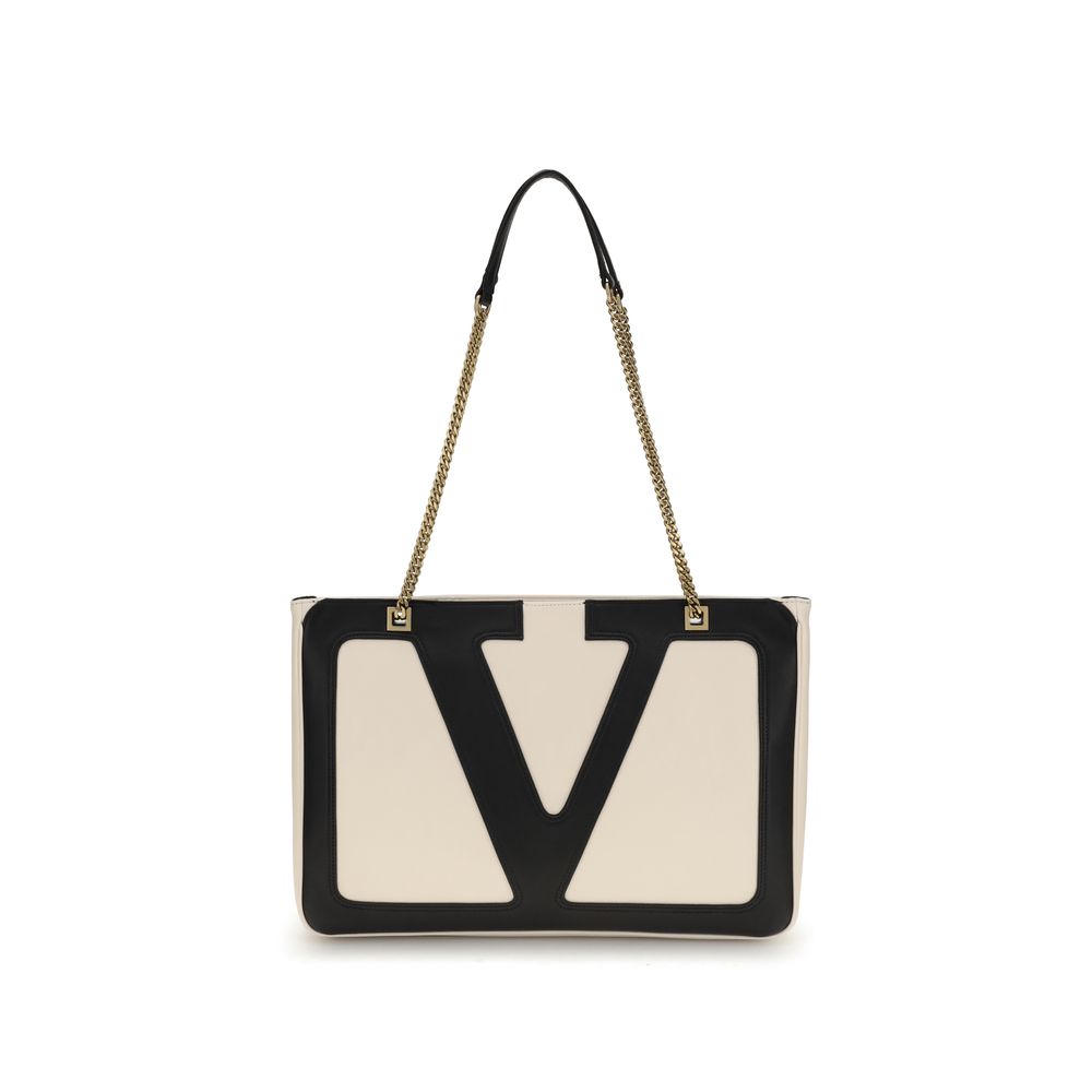 Valentino Garavani Cream Calf Leather Bos Taurus Shoulder Bag with iconic VLogo and chain handle