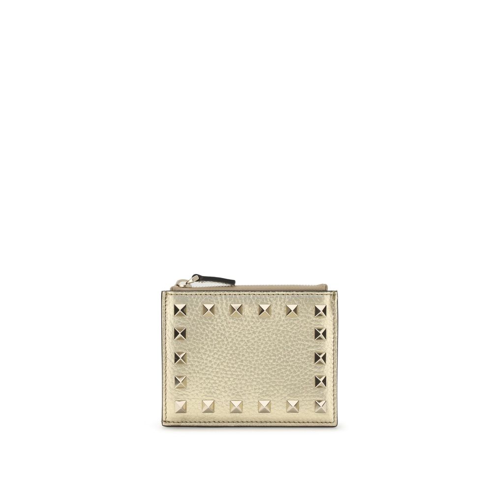 Valentino Garavani Gold Calf Leather Bos Taurus Wallet with iconic Rockstud design, featuring a zippered pocket and card slots.