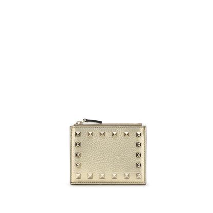 Valentino Garavani Gold Calf Leather Bos Taurus Wallet with iconic Rockstud design, featuring a zippered pocket and card slots.