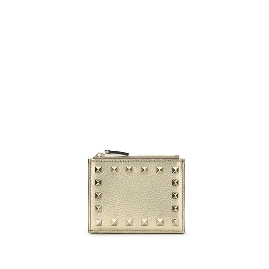 Valentino Garavani Gold Calf Leather Bos Taurus Wallet with iconic Rockstud design, featuring a zippered pocket and card slots.