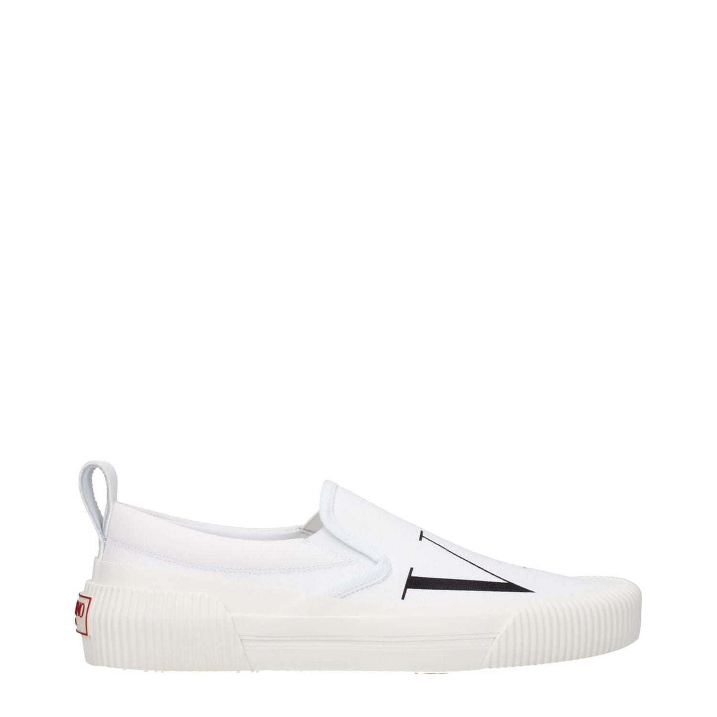 Valentino Garavani White Fabric Slip-On Loafers with logo, rubber sole, casual style, round toe, low flat heel, side view