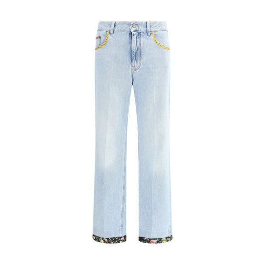 Valentino Light Blue Cotton Straight-Leg Jeans with floral edges, polka dot pockets, and classic five-pocket design, AW25 collection.