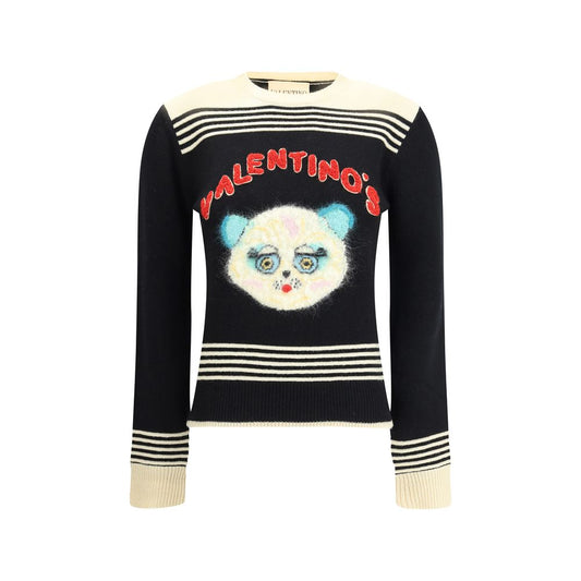 Valentino Multicolor Fleece Wool Sweatshirt with 'Le Chat de la Maison' embroidery on black background, ribbed cuffs and hem.