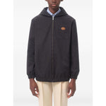 Valentino Nylon Hooded Jacket with VLogo Patch in navy blue with front zip, chest patch pocket, and two side welt pockets.
