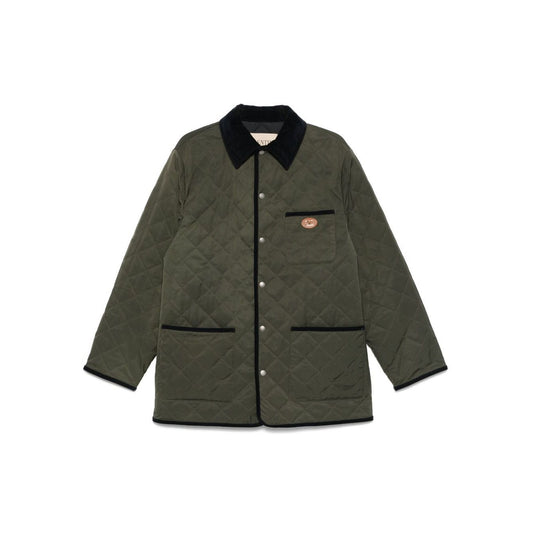Valentino Vlogo Signature quilted jacket in olive green with contrasting collar and press-stud fastening, featuring three front patch pockets.