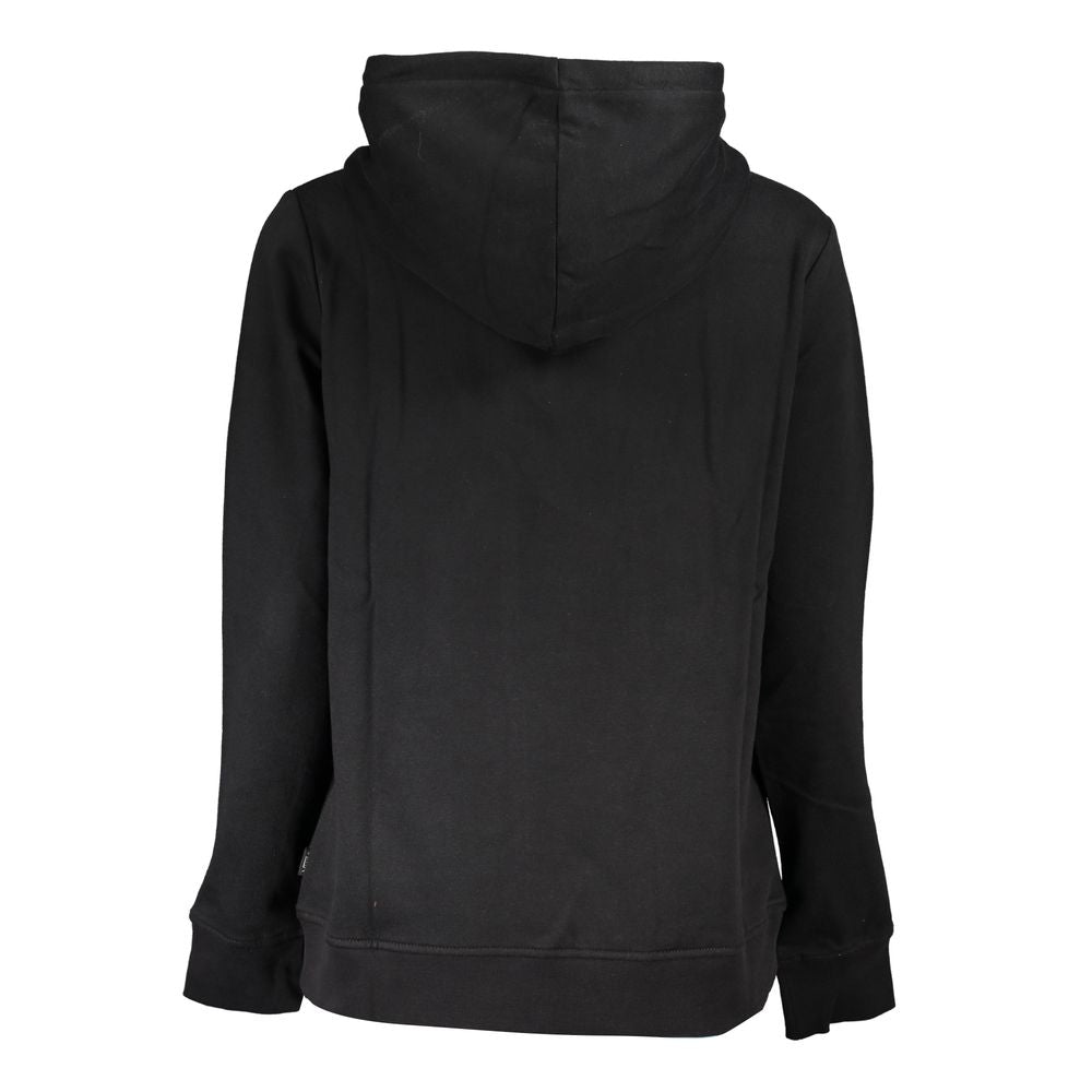 Vans Black Cotton Women Sweater with hood, fleece lining, and central pocket for comfort and style, featuring a bold Vans logo print.